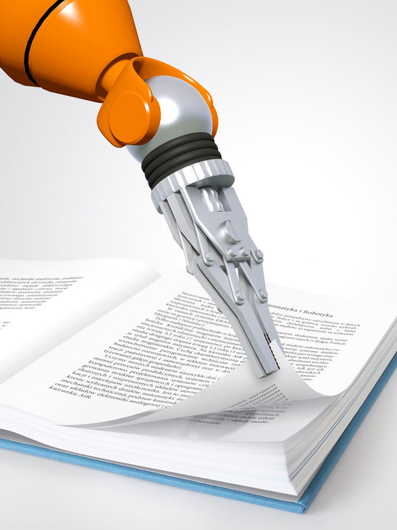 Motyw graficzny kampanii promującej Studia Dualne przedstawiający ramię robota przewracającego strony książki